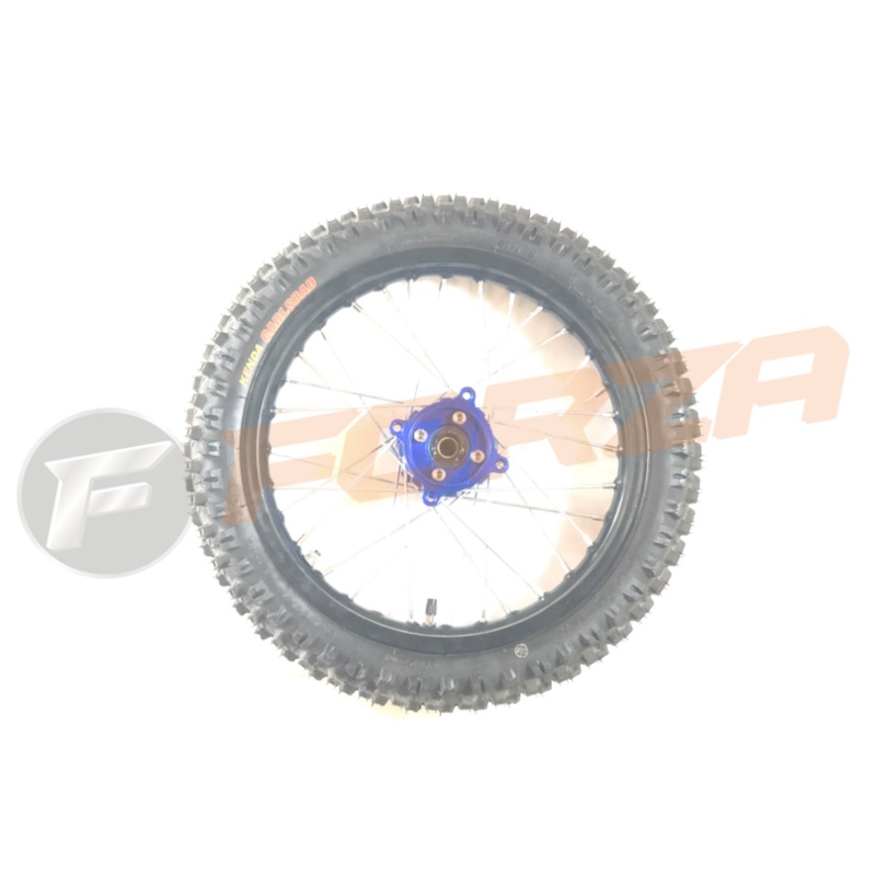 14 inch Front Disc Wheel with Tyre & Tube – 7075 Alloy Black Rim + Blue CNC Hub
