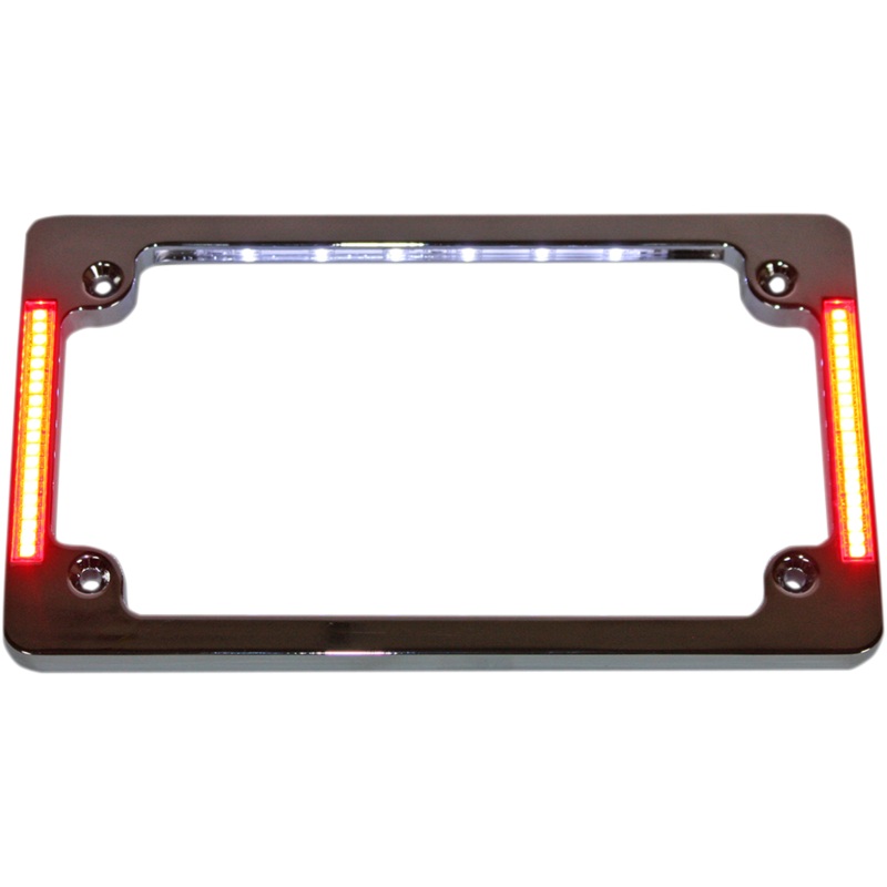 CUSTOM DYNAMICS License Plate Frame with LED – Flat – Chrome Tri-Horizontal Motorcycle Plate Frame with Flush-Mount LEDs and LED Plate Illumination