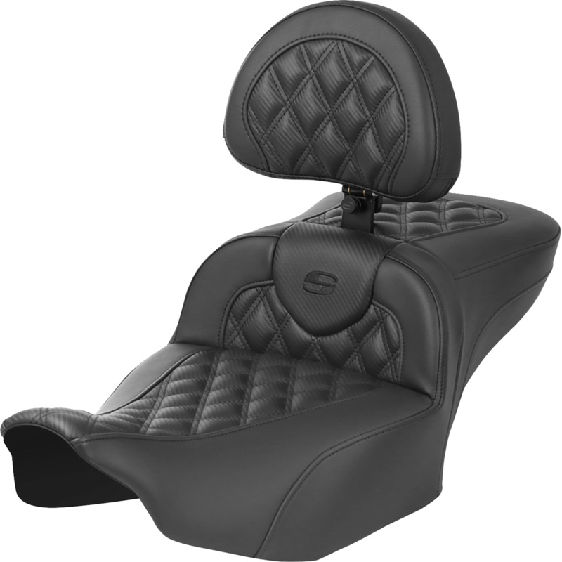 SADDLEMEN Roadsofa* Extended Reach Seat – with Backrest – Carbon Fiber – Lattice Stitch – FLTR/FLHX ’23-’24 823-07-207B0