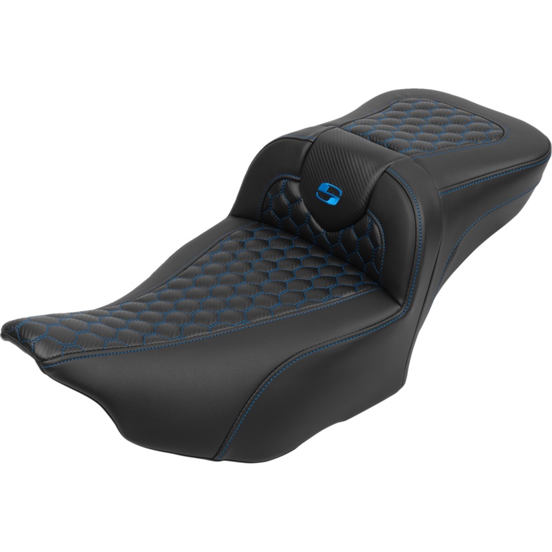 SADDLEMEN Roadsofa* Extended Reach Seat – with Backrest – Honeycomb – Blue Stitch – FLTR/FLHX ’23-’24 823-07-190B1