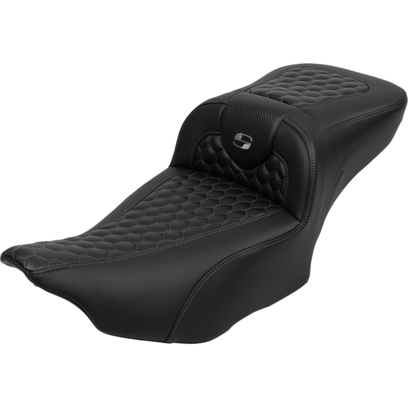 SADDLEMEN Roadsofa* Extended Reach Seat – with Backrest – Honeycomb – Dark Gray Stitch – FLTR/FLHX ’23-’24 823-07-190B2
