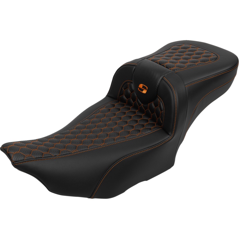 SADDLEMEN Roadsofa* Extended Reach Seat – with Backrest – Honeycomb – Orange Stitch – FLTR/FLHX ’23-’24 823-07-190B3