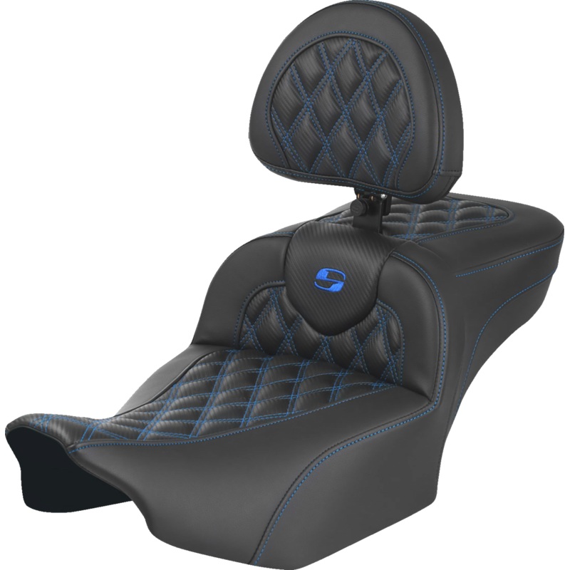 SADDLEMEN Roadsofa* Extended Reach Seat – with Backrest – Lattice Stitch – Blue Stitch – FLTR/FLHX ’23-’24 823-07-207B1