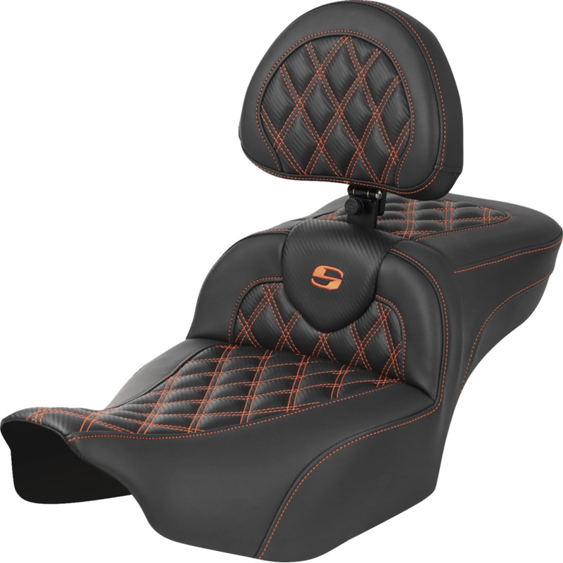 SADDLEMEN Roadsofa* Extended Reach Seat – with Backrest – Lattice Stitch – Orange Stitch – FLTR/FLHX ’23-’24 823-07-207B3