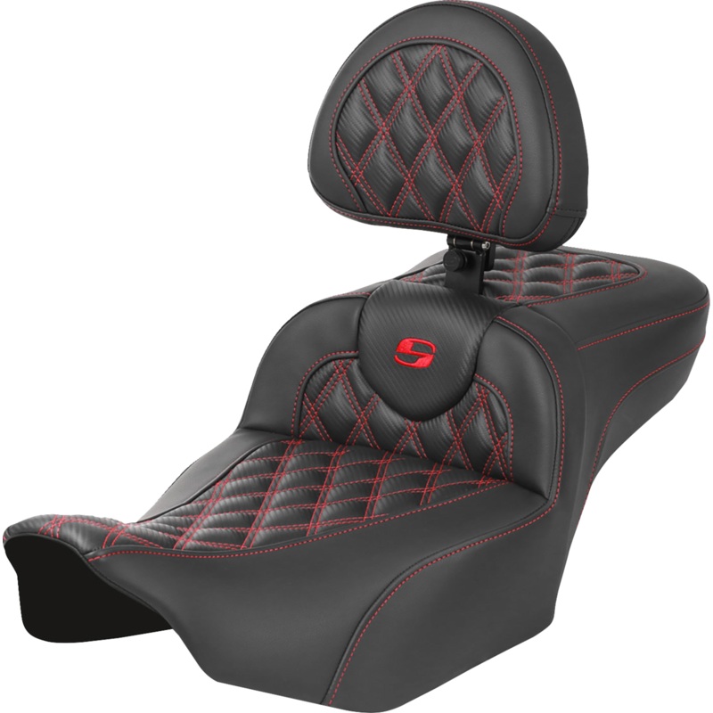 SADDLEMEN Roadsofa* Extended Reach Seat – with Backrest – Lattice Stitch – Red Stitch – FLTR/FLHX ’23-’24 823-07-207B4
