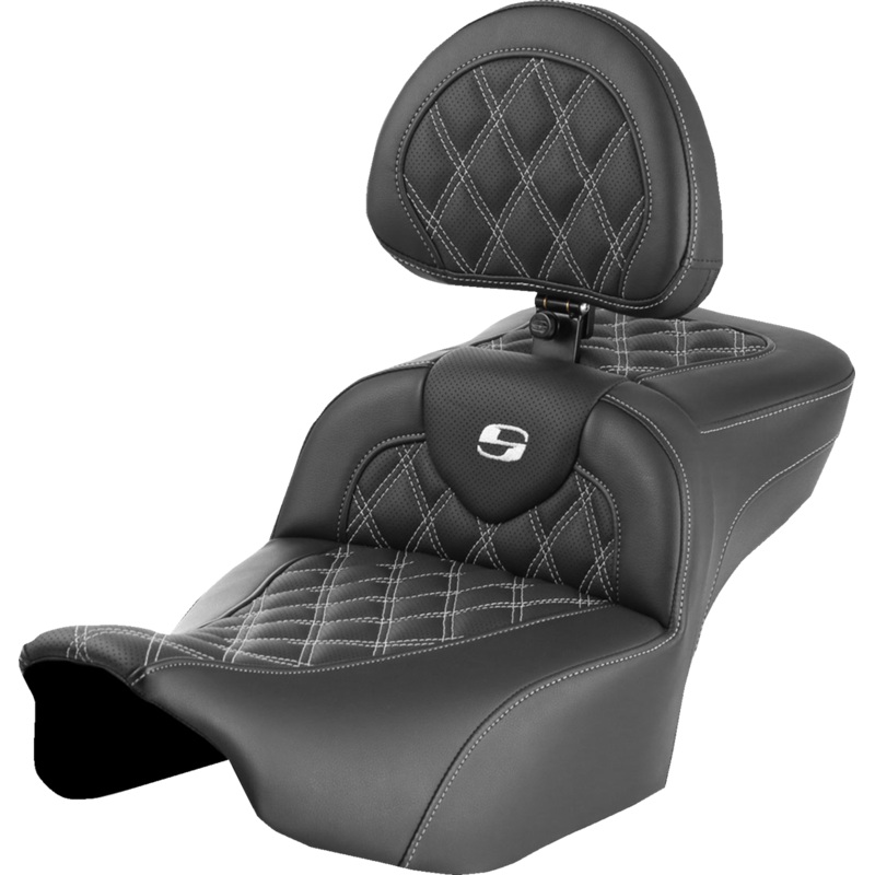 SADDLEMEN Roadsofa* Extended Reach Seat – with Backrest – Lattice Stitch – White Stitch – FLTR/FLHX ’23-’24 823-07-184B6