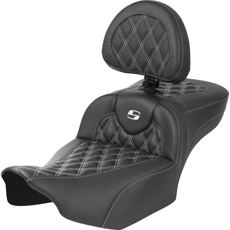 SADDLEMEN Roadsofa* Extended Reach Seat – with Backrest – Lattice Stitch – White Stitch – FLTR/FLHX ’23-’24 823-07-207B6