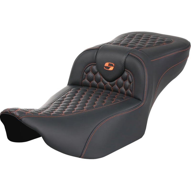 SADDLEMEN Roadsofa* Extended Reach Seat – without Backrest – Honeycomb – Orange Stitch – FLTR/FLHX ’23-’24 823-07-19003