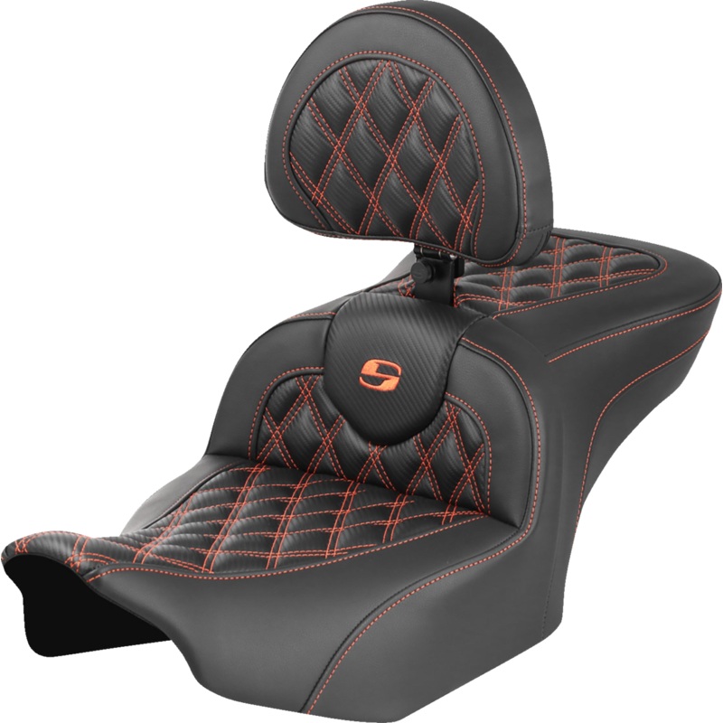SADDLEMEN RoadSofa* Seat – with Backrest – Carbon Fiber – Lattice Stitch – Orange Stitch – FLTR/FLHX ’23-’24 823-07-206B3