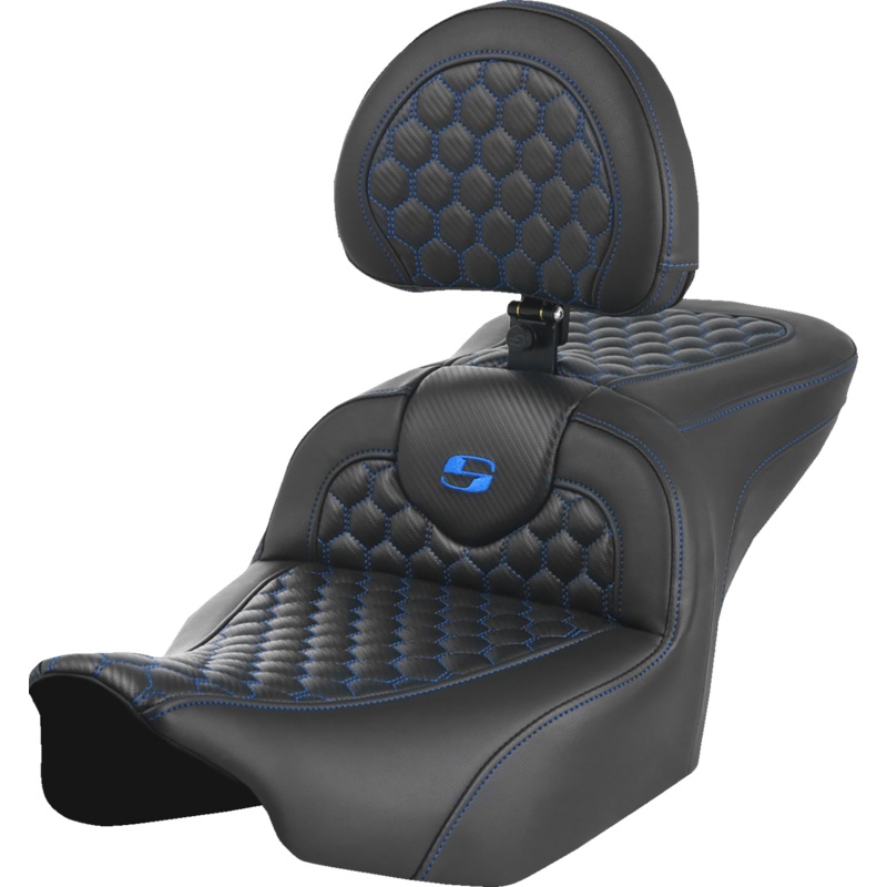 SADDLEMEN Roadsofa* Seat – with Backrest – Honeycomb – Blue Stitch – FLTR/FLHX ’23-’24 823-07-189B1