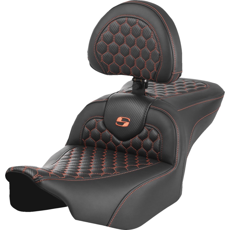 SADDLEMEN Roadsofa* Seat – with Backrest – Honeycomb – Orange Stitch – FLTR/FLHX ’23-’24 823-07-189B3