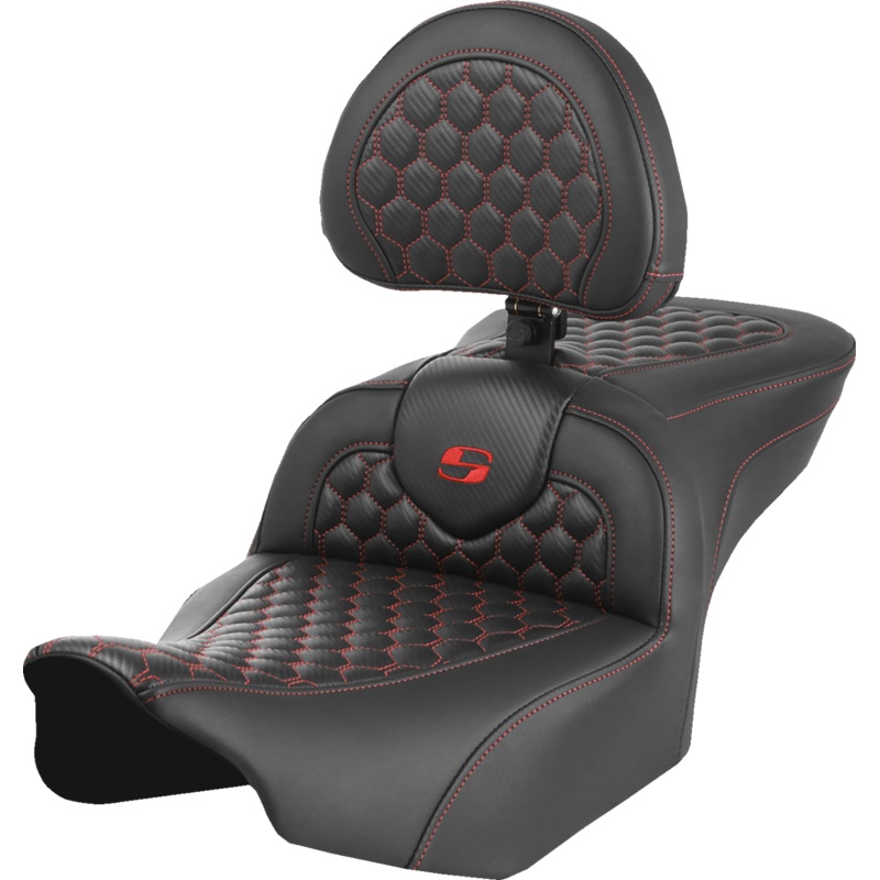 SADDLEMEN Roadsofa* Seat – with Backrest – Honeycomb – Red Stitch – FLTR/FLHX ’23-’24 823-07-189B4