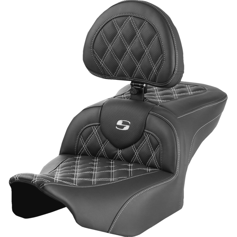SADDLEMEN RoadSofa* Seat – with Backrest – Lattice Stitch – White Stitch – FLTR/FLHX ’23-’24 823-07-182B6