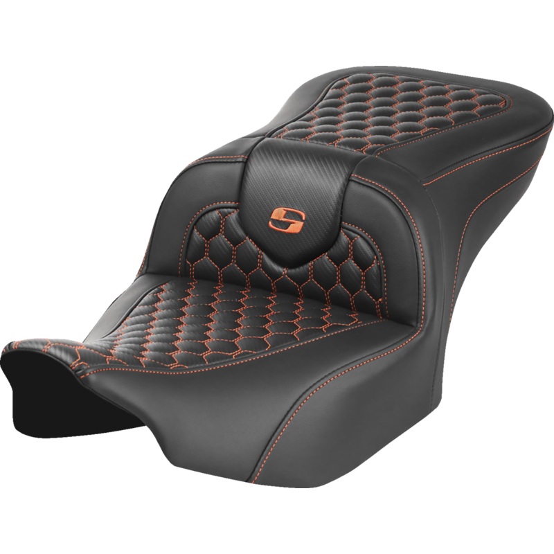 SADDLEMEN Roadsofa* Seat – without Backrest – Honeycomb – Orange Stitch – FLTR/FLHX ’23-’24 823-07-18903