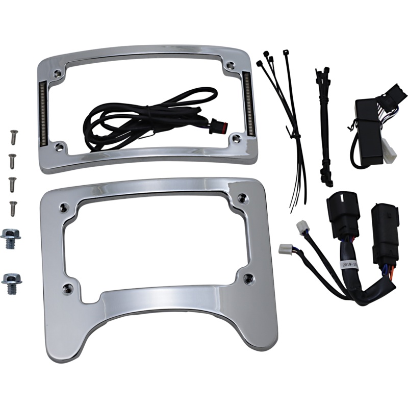 CUSTOM DYNAMICS License Plate Frame/Turn Signal Eliminator – Chrome Turn Signal Eliminator with Tri Radius Illuminated Plate Frame