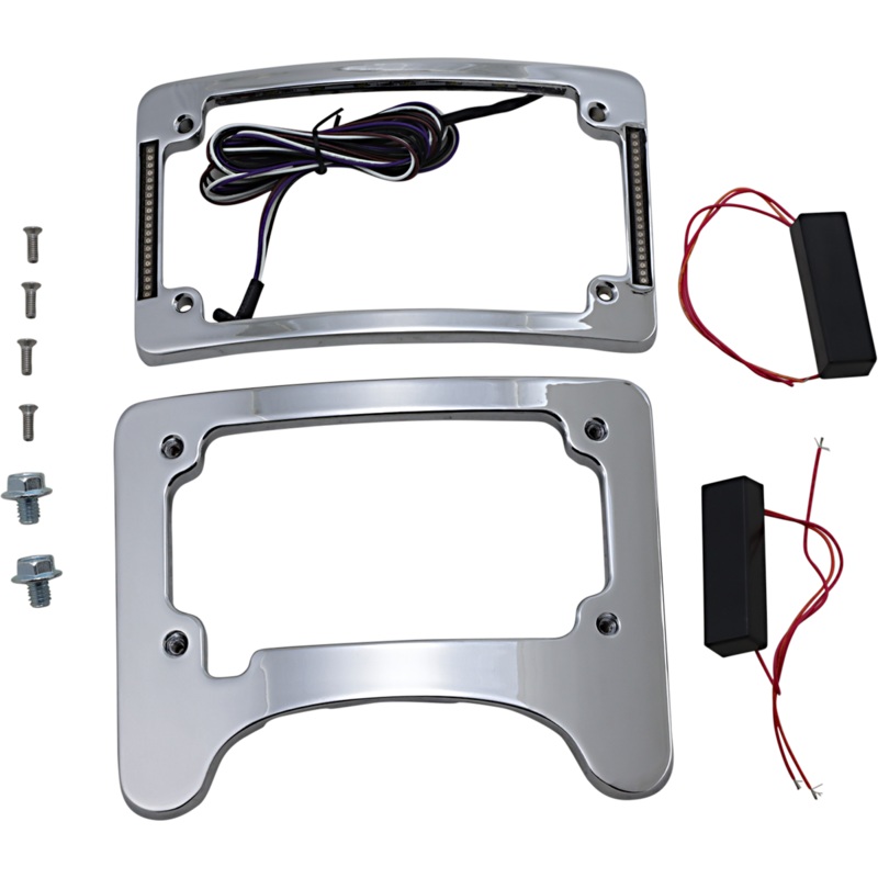 CUSTOM DYNAMICS Turn Signal Eliminator/Illuminated Tri-Frame – Chrome Turn Signal Eliminator with Tri Radius Illuminated Plate Frame