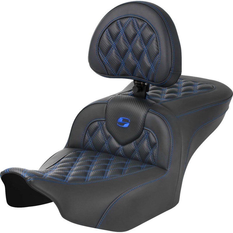 SADDLEMEN RoadSofa* Seat – with Backrest – Carbon Fiber – Lattice Stitch – Blue Stitch – FLTR/FLHX ’23-’24 823-07-206B1