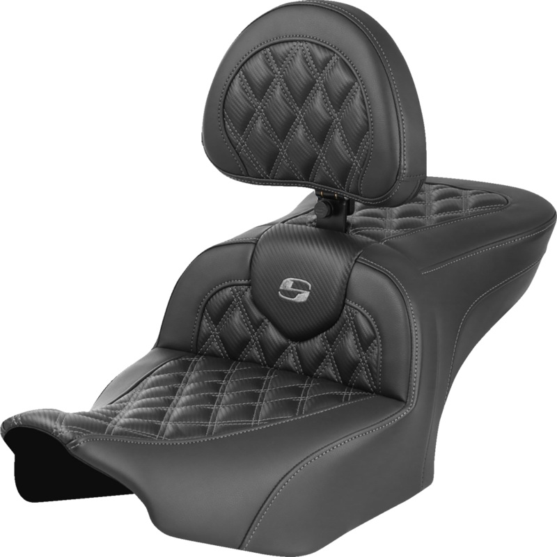 SADDLEMEN RoadSofa* Seat – with Backrest – Carbon Fiber – Lattice Stitch – Gray Stitch – FLTR/FLHX ’23-’24 823-07-206B2