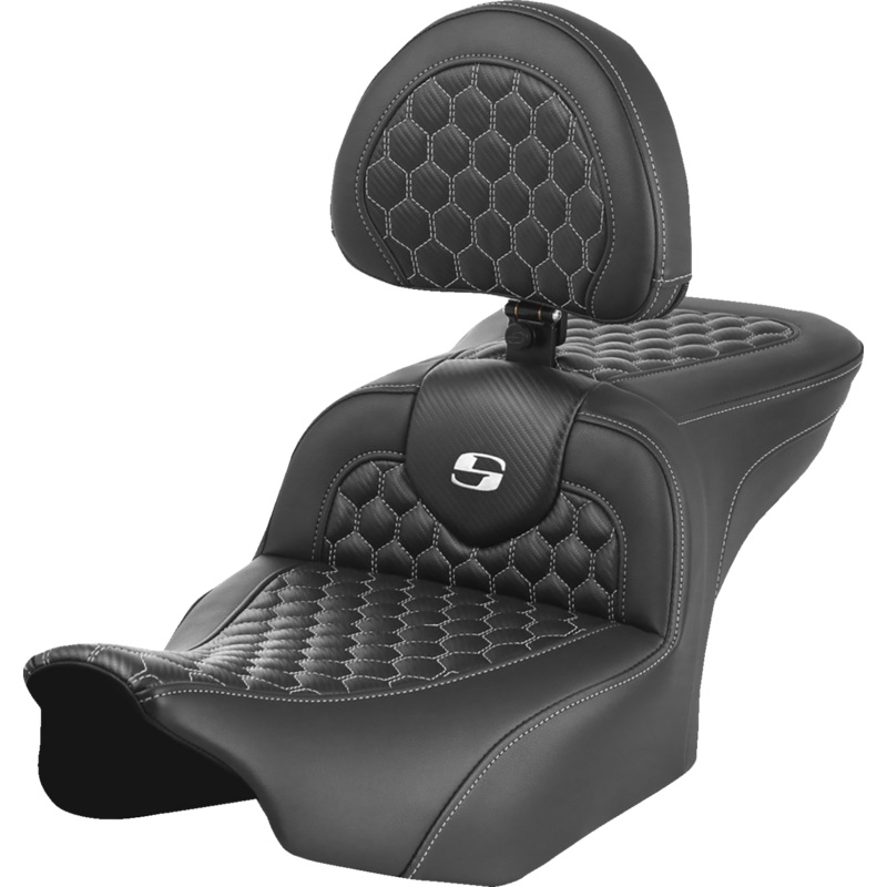 SADDLEMEN Roadsofa* Seat – with Backrest – Honeycomb – White Stitch – FLTR/FLHX ’23-’24 823-07-189B6
