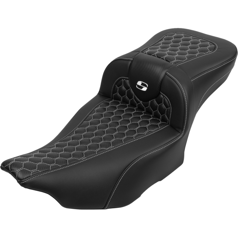 SADDLEMEN Roadsofa* Extended Reach Seat – with Backrest – Honeycomb – White Stitch – FLTR/FLHX ’23-’24 823-07-190B6