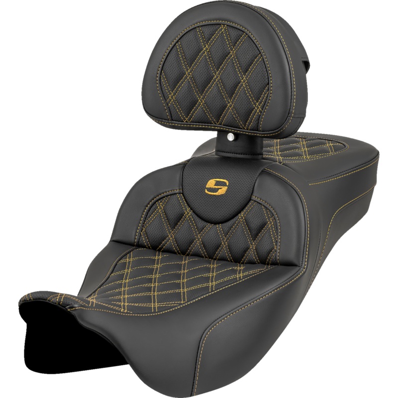 SADDLEMEN Roadsofa* Extended Reach Seat – Lattice Stitch – Gold Stitch – with Backrest – FL ’08-’23 808-07B-184B7