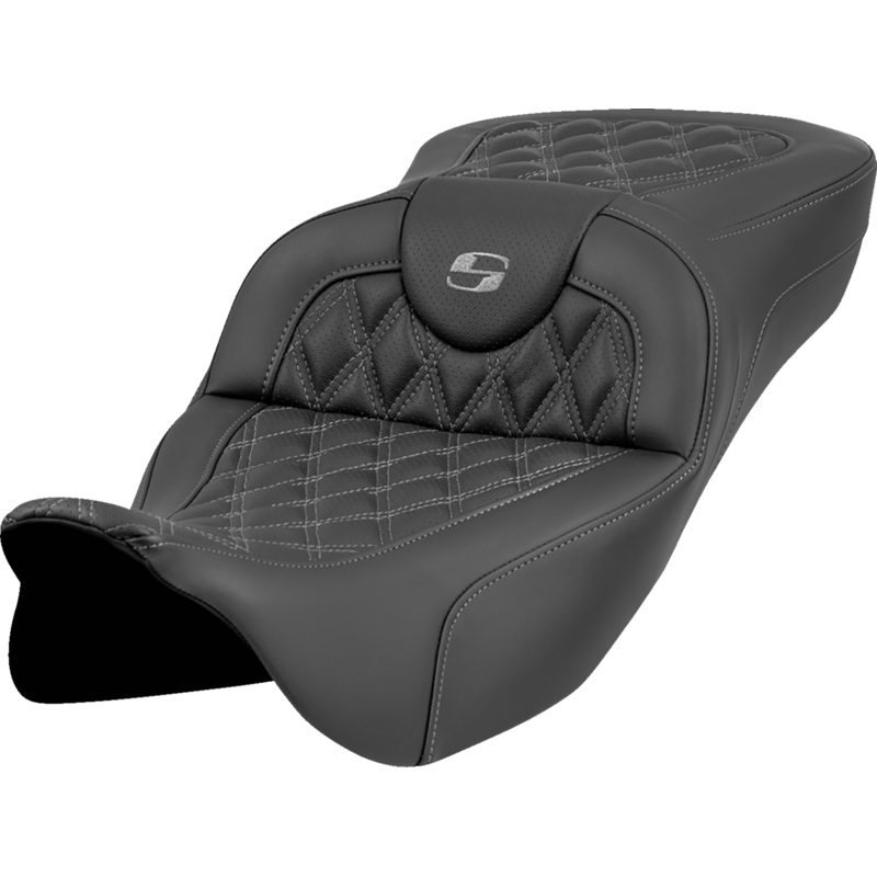 SADDLEMEN Roadsofa* Extended Reach Seat – Lattice Stitch – Gray Stitch – without Backrest – FL ’08-’23 808-07B-18402