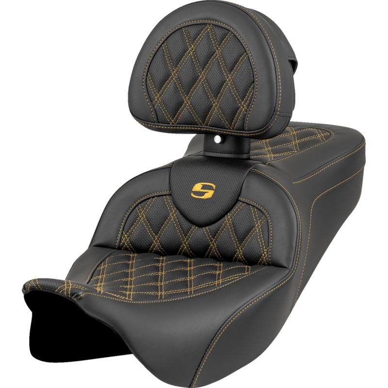 SADDLEMEN Roadsofa* Seat – Lattice Stitch – Gold Stitch – w/ Backrest – FL ’08-’23 808-07B-182B7