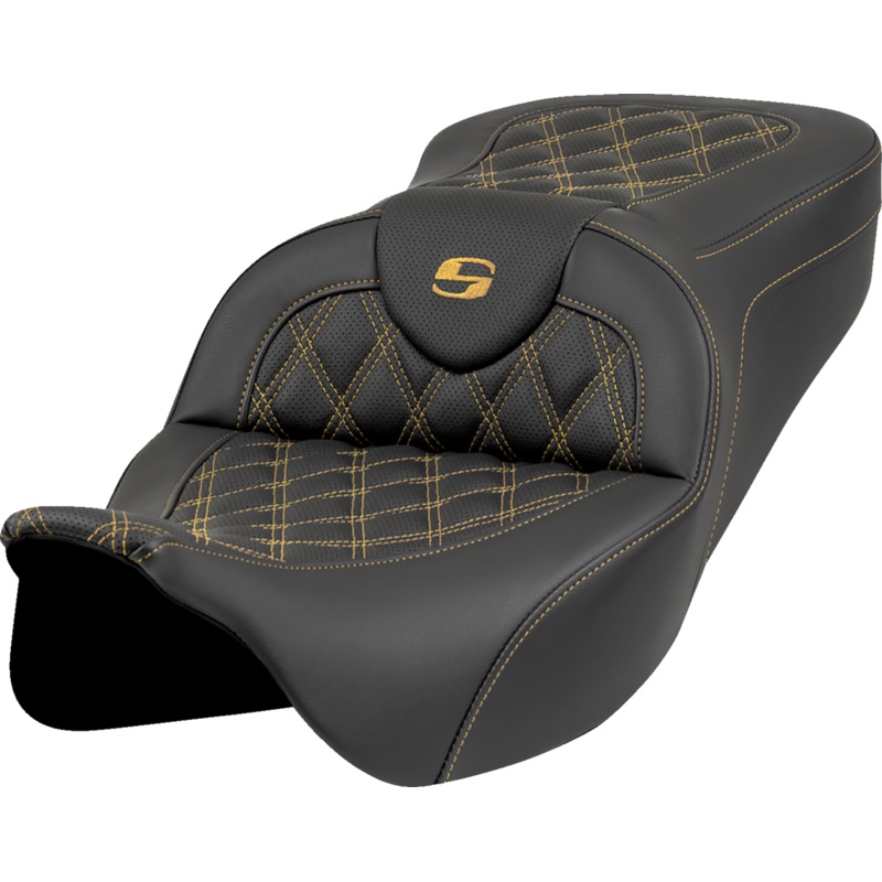 SADDLEMEN Roadsofa* Seat – Lattice Stitch – Gold Stitch – w/o Backrest – FL ’08-’23 808-07B-18207