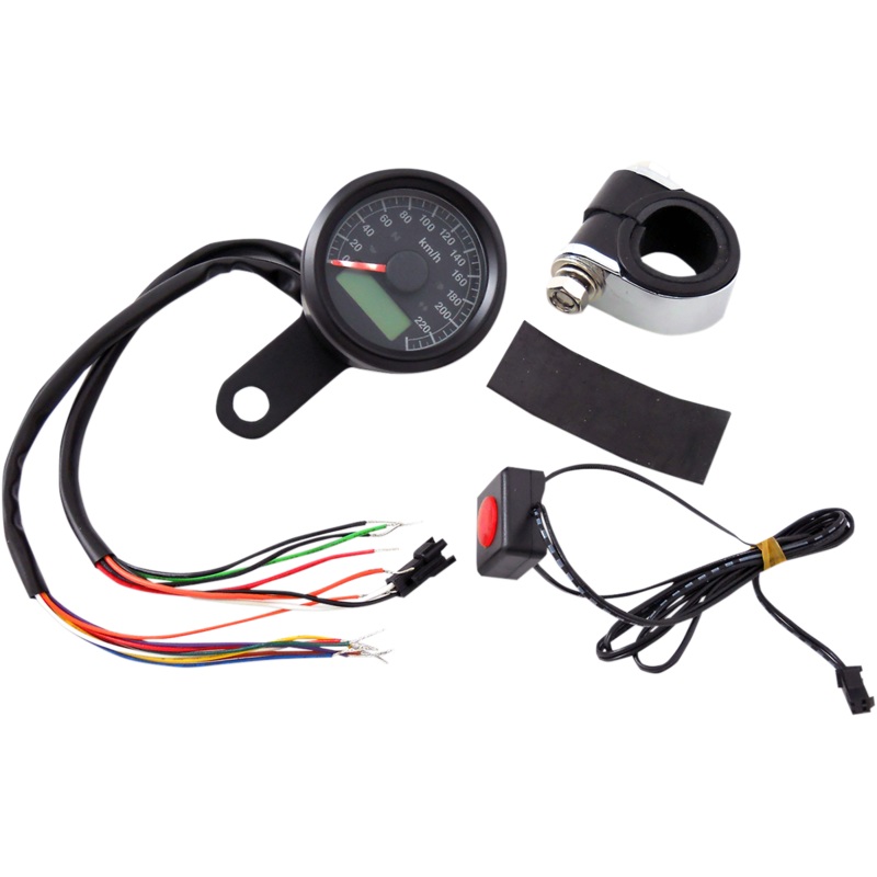 DRAG SPECIALTIES 1-7/8 Programmable Speedometer with Indicator Lights – Gloss Black – 220 KPH LED Black Face 1-7/8 Programmable Metric Speedometer with Indicator Lights