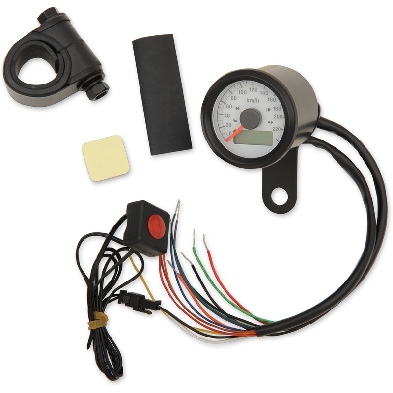DRAG SPECIALTIES 1-7/8 Programmable Speedometer with Indicator Lights – Gloss Black – 220 KPH LED White Face 1-7/8 Programmable Metric Speedometer with Indicator Lights