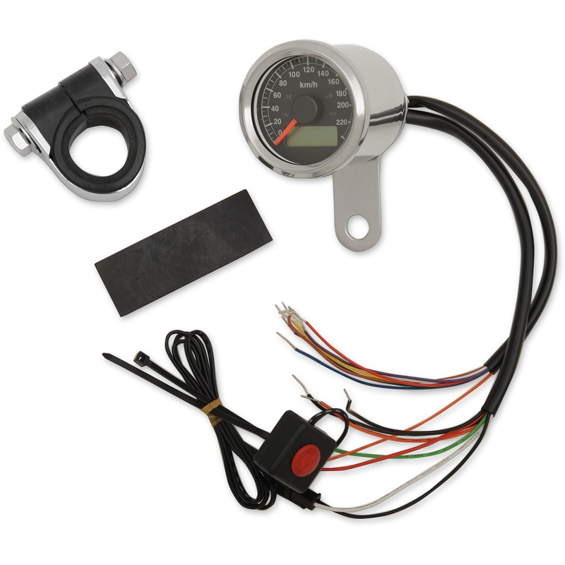 DRAG SPECIALTIES 1-7/8 Programmable Speedometer with Indicator Lights – Stainless Steel – 220 KPH LED Black Face 1-7/8 Programmable Metric Speedometer with Indicator Lights