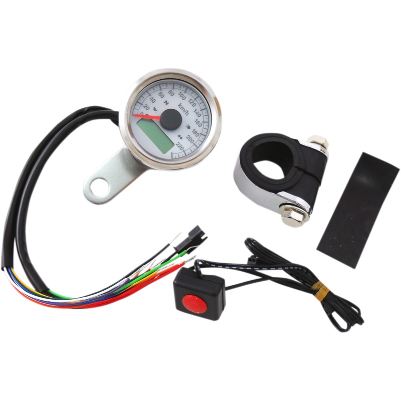 DRAG SPECIALTIES 1-7/8 Programmable Speedometer with Indicator Lights – Stainless Steel – 220 KPH LED White Face 1-7/8 Programmable Metric Speedometer with Indicator Lights