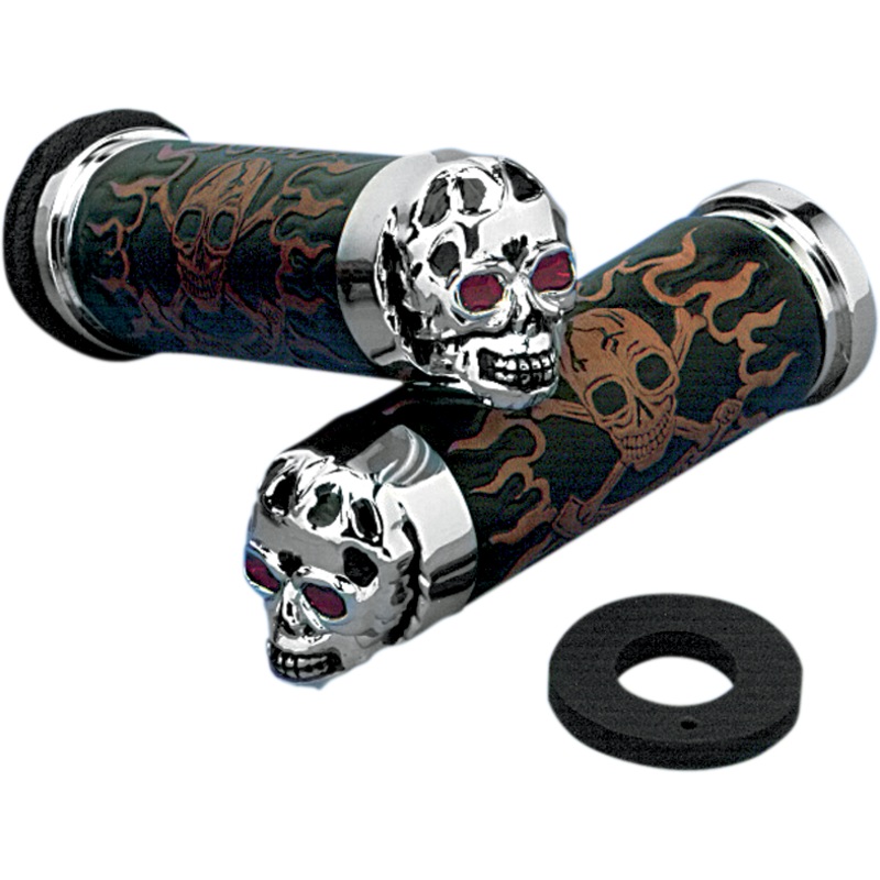 DRAG SPECIALTIES Chrome Skull Grips w/ Red Eyes Skull Grips