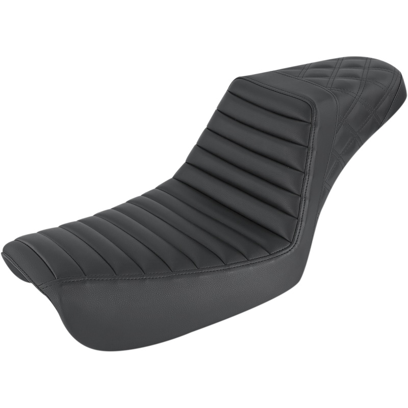 SADDLEMEN Step Up Seat – Black – FXD ’04-’05 Step Up Seat  Rear Lattice Stitch/Tuck and Roll