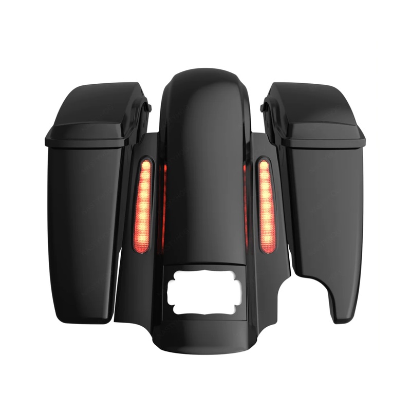 CVO STYLE REAR FENDER FOR 2014-2024 HARLEY TOURING MODELS with Stretched Saddlebags Vivid Black 2 into 1 Exhaust cutout