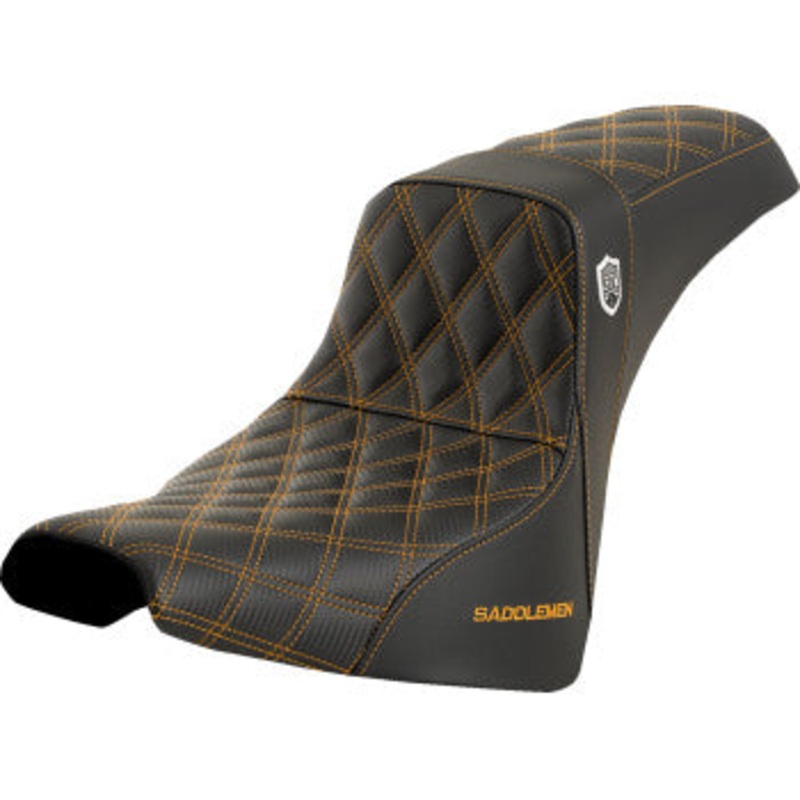 SADDLEMEN Pro Series SDC Performance Seat – Carbon Fiber/Lumbar Gripper – Gold Stitch – Dyna ’06-’17