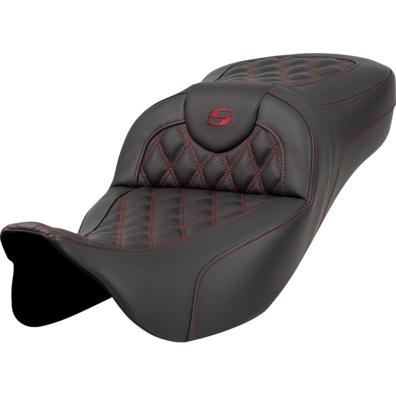 SADDLEMEN Extended Reach Roadsofa* Seat – Lattice Stitch – Burgundy Stitch – without Backrest – FL ’08-’23 A808-07B-184BUR