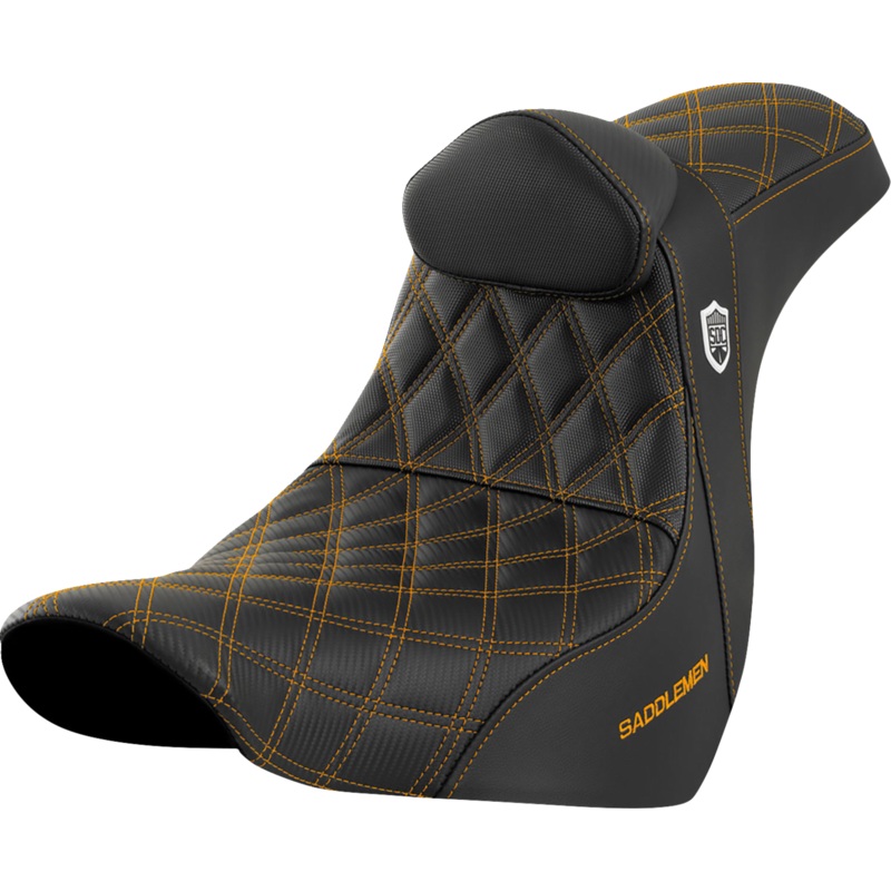 SADDLEMEN Pro Series SDC Performance Seat – with Backrest – Gold Stitch – FL/FX ’18-’23 SC81829GOLRT