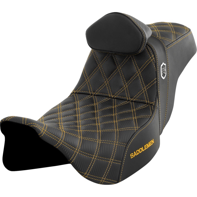 SADDLEMEN Pro Series SDC Performance Seat – with Backrest – Gold Stitch – FLH/FLT ’08-’23 SC80807GOLRT
