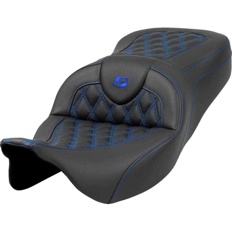 SADDLEMEN Roadsofa* Seat – Lattice Stitch – Blue Stitch – without Backrest – FLH/FLT ’08-’23 A808-07B-182BLU