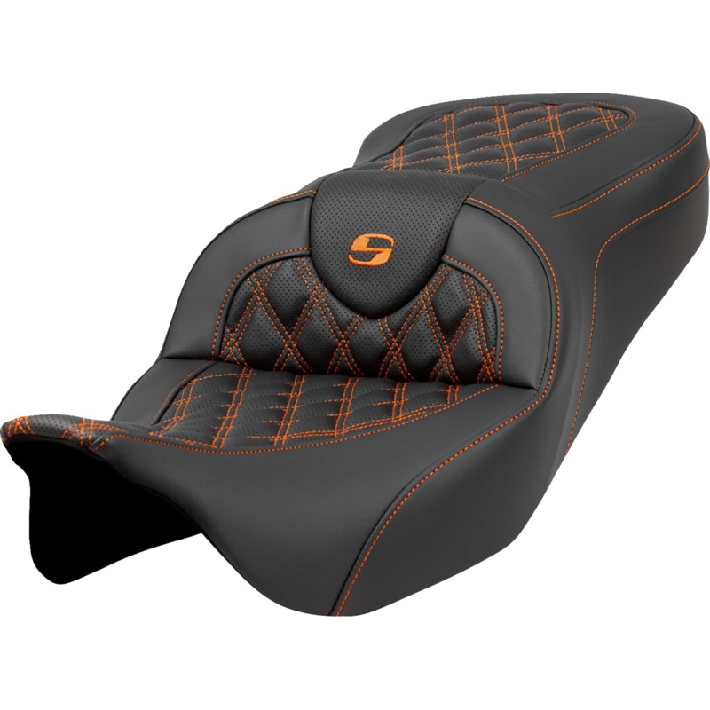 SADDLEMEN Roadsofa* Seat – Lattice Stitch – Orange Stitch – without Backrest – FLH/FLT ’08-’23 A808-07B-182ORA