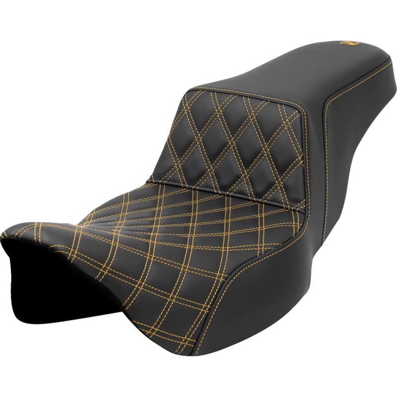 SADDLEMEN Step-Up Seat – Front Lattice Stitch – Gold Stitch – Extended Reach – FLH/FLT ’08-’23 A808-07E-172GOL