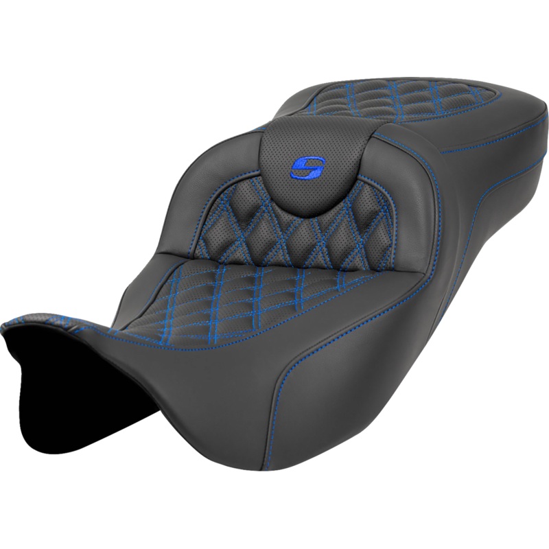 SADDLEMEN Extended Reach Roadsofa* Seat – Lattice Stitch – Blue Stitch – without Backrest – FL ’08-’23 A808-07B-184BLU