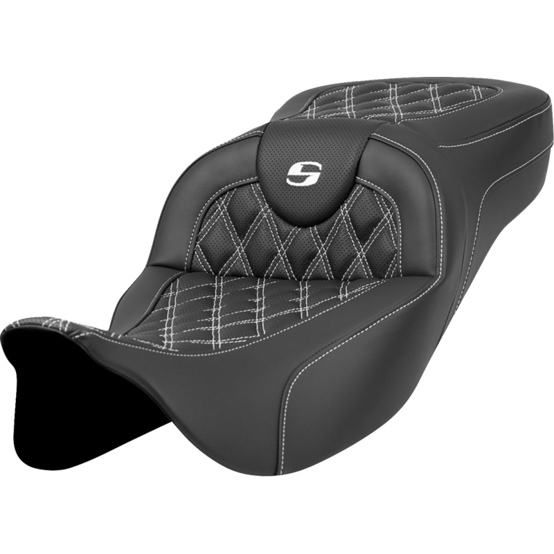 SADDLEMEN Extended Reach Roadsofa* Seat – Lattice Stitch – White Stitch – without Backrest – FL ’08-’23 A808-07B-184WHI