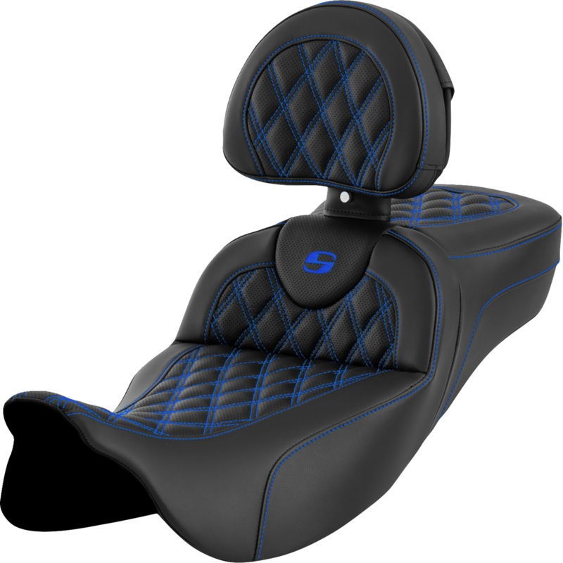 SADDLEMEN Roadsofa* Extended Reach Seat – Lattice Stitch – Blue Stitch – with Backrest – FL ’08-’23 A808-07R-184BLU