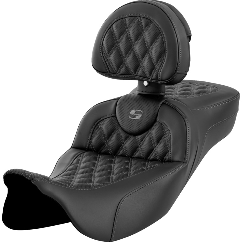SADDLEMEN Roadsofa* Extended Reach Seat – Lattice Stitch – Dark Gray Stitch – with Backrest – FL ’08-’23 A808-07R-184GRE