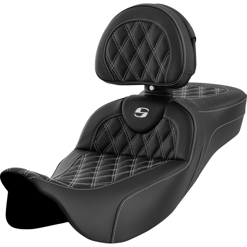 SADDLEMEN Roadsofa* Extended Reach Seat – Lattice Stitch – White Stitch – with Backrest – FL ’08-’23 A808-07R-184WHI