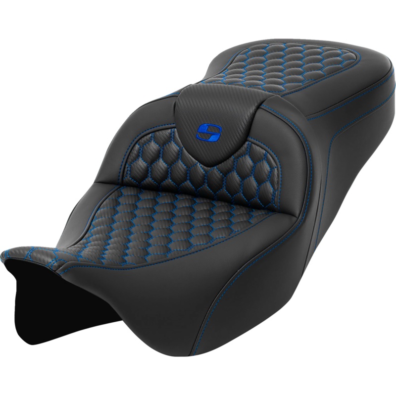 SADDLEMEN RoadSofa* Seat – Honeycomb – Blue Stitch – without Backrest – FLH/FLT ’08-’23 A808-07B-189BLU