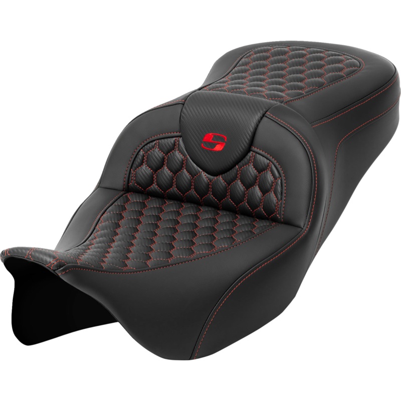 SADDLEMEN RoadSofa* Seat – Honeycomb – Red Stitch – without Backrest – FLH/FLT ’08-’23 A808-07B-189RED