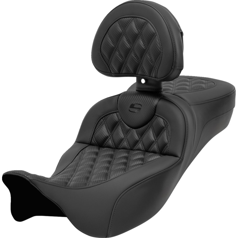 SADDLEMEN Roadsofa* Seat – with Backrest – Lattice Stitch – Carbon Fiber – FL’ 08-’23 808-07CF-184BR